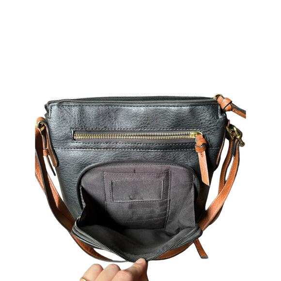 Soft Pebbled Leather Crossbody Bag Black & Brown Boho Shoulder Purse - Picture 11 of 11